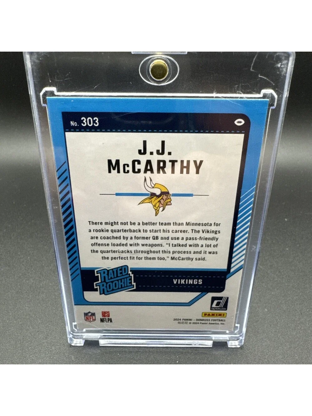 J.J. McCarthy Rated Rookie Donruss No. 303 - 2024 with Protector